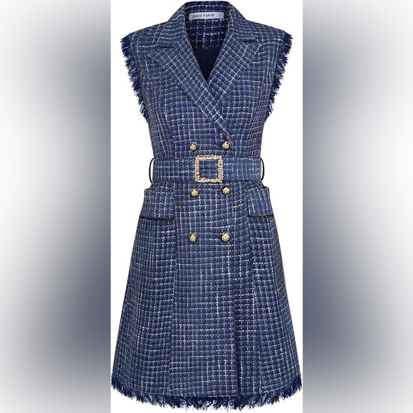 GRACE KARIN Women Tweed Sleeveless V Neck Button Down Dress Pockets Navy Blue LG - Picture 2 of 14